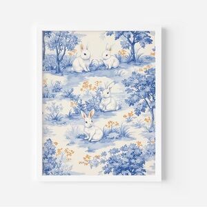 Charming Blue Chinoiserie Bunny Print: Framed 8x10 Art Print